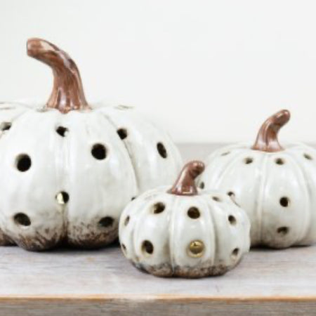 Ceramic rustic two tone autumn Halloween pumpkin LED lit 2 sizes