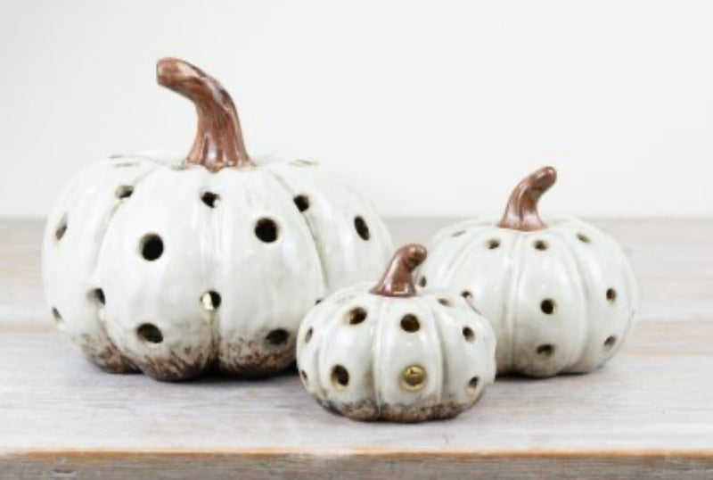 Ceramic rustic two tone autumn Halloween pumpkin LED lit 2 sizes