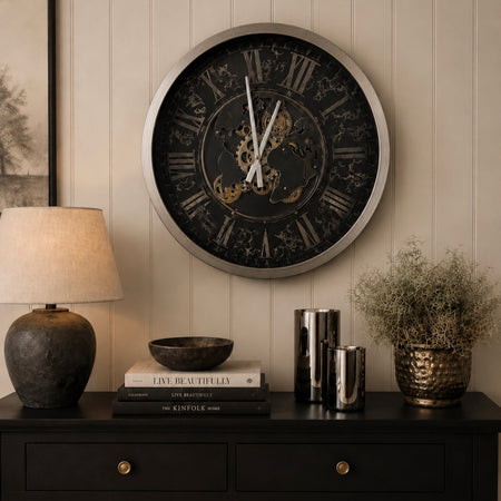 Silver Black gears clock 58cm