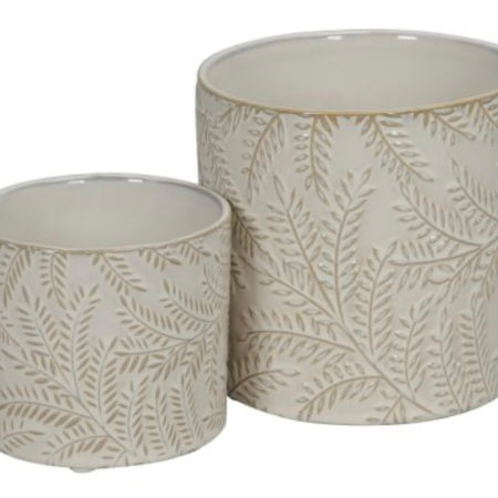 Cream beige Embossed Leaf print Plant Pots 2 sizes