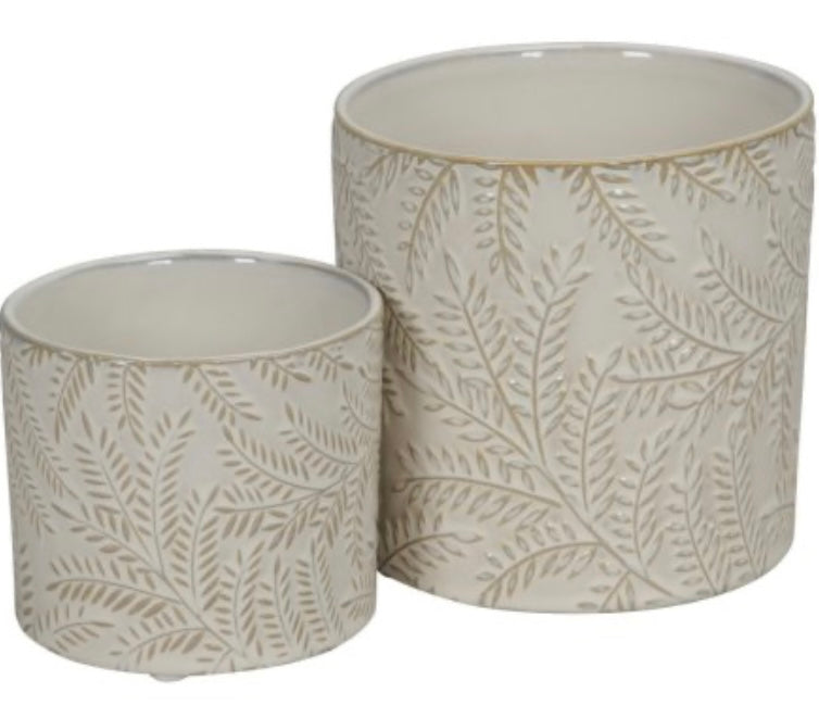 Cream beige Embossed Leaf print Plant Pots 2 sizes