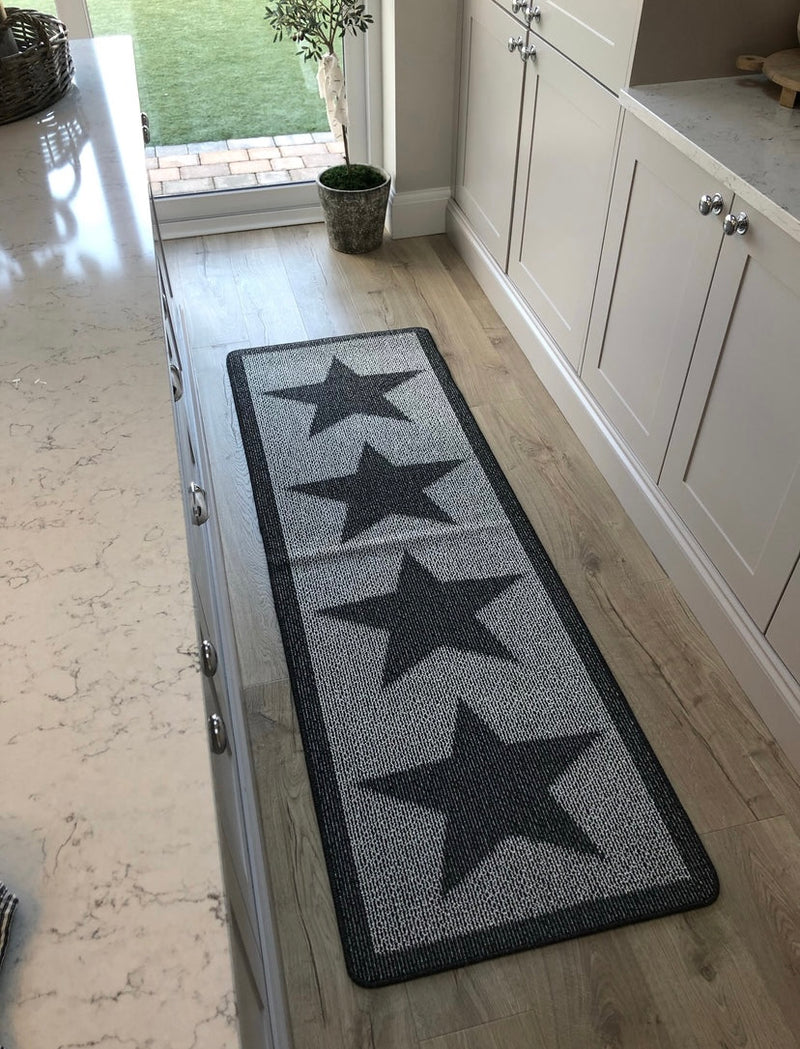 Charcoal Star Door washable mat rug Runner 67cm by 150cm and 67cm by 200cm