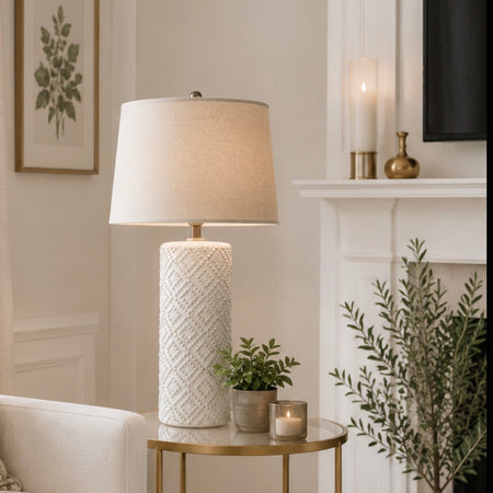 Tall Beaded Geo Lattice Lamp Linen Shade