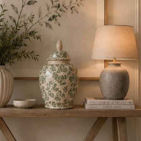 Green traditional rustic glaze ginger lid jar