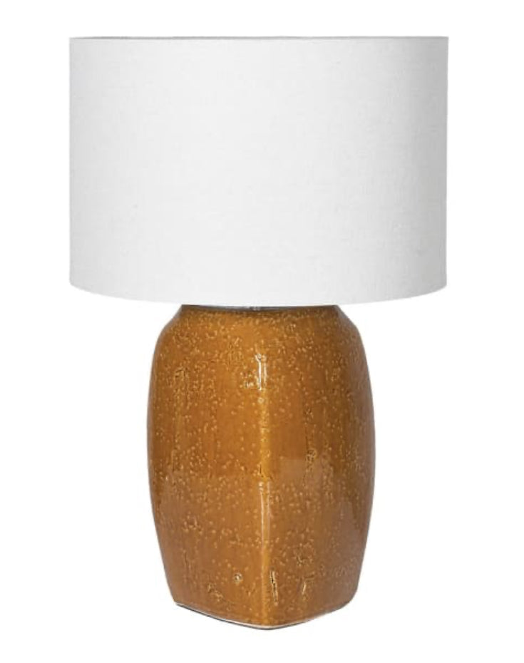 Russet rust chunky ceramic lamp with linen white shade