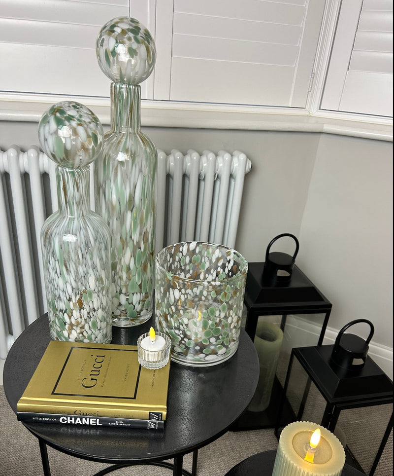 Green white gold pistachio speckled mottled glass lidded bottle jars 2 sizes