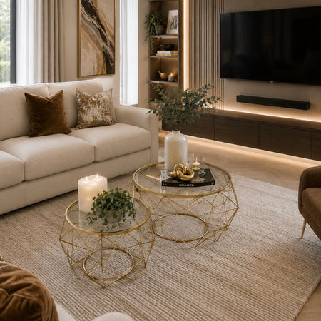 Set of two gold metal glass round coffee tables side table
