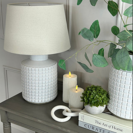 Stone grid print white lamp with linen shade