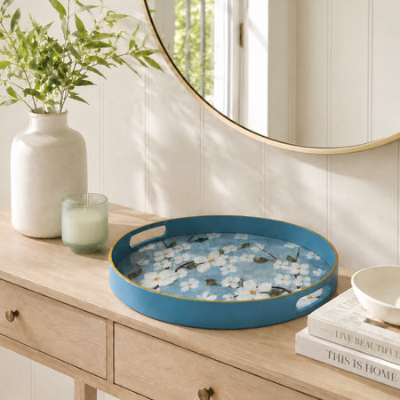 Blue gold floral round tray 2 sizes