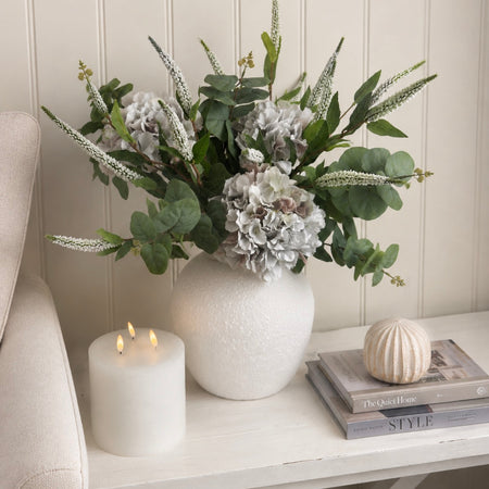 Bouquet arrangement grey/taupe hydrangeas white Veronica eucalyptus