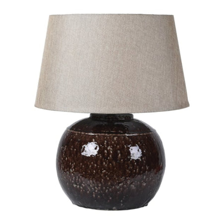 Large pecan brown round glaze table lamp linen shade