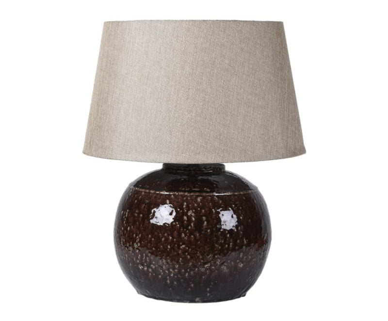 Large pecan brown round glaze table lamp linen shade