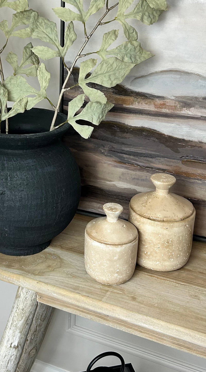 Taupe clay lidded jar pot 2 sizes