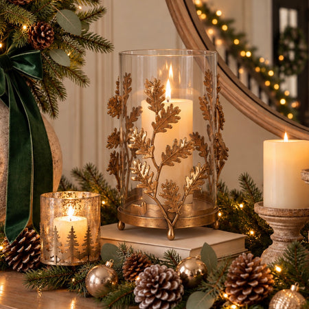 Gold brass leaf detail candle holder hurricane