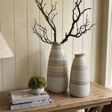 Stripe pale blue beige cream taupe vase 2 sizes