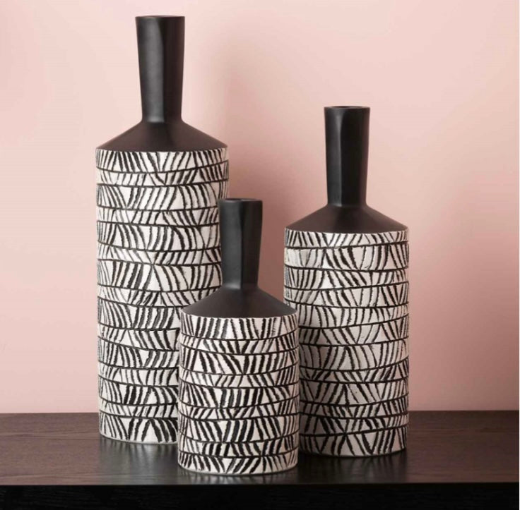 Small Black and White Aztec Bottle Neck Vase