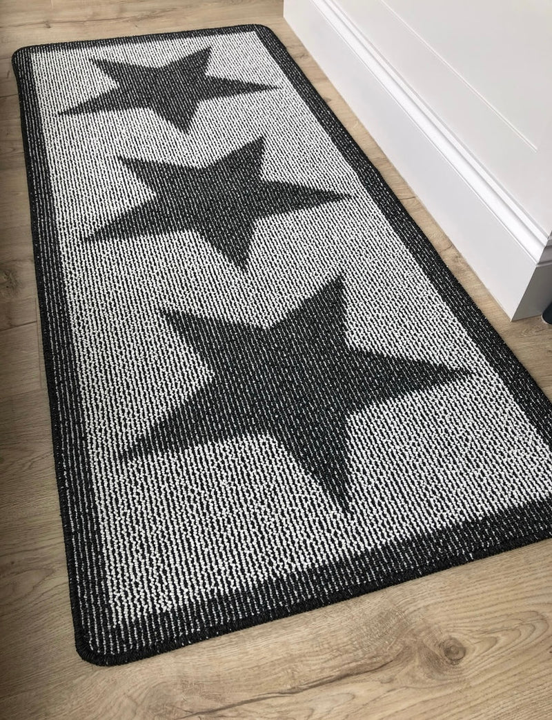 Charcoal Star Door washable mat rug Runner 67cm by 150cm and 67cm by 200cm