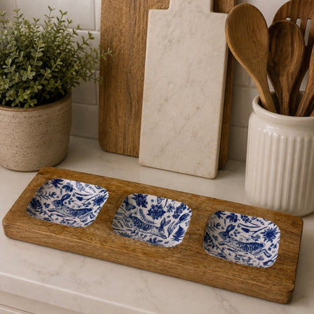 Mango wood triple shallow dish with blue white rabbit detail