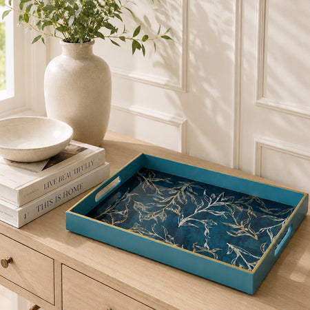 Teal blue gold branch coral print trays 2 sizes