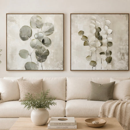 Mistora silvra leaf eucalyptus stem floral hand painted picture framed art 80x80 2 styles