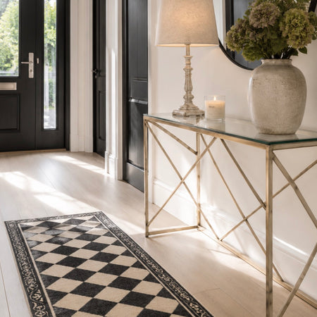 Back and cream traditional tile look mat door mat rug washable 2 sizes