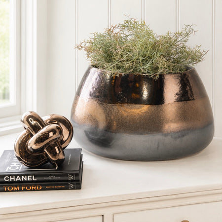 Black and gold bronze squat low oval textured vase 20cm tall