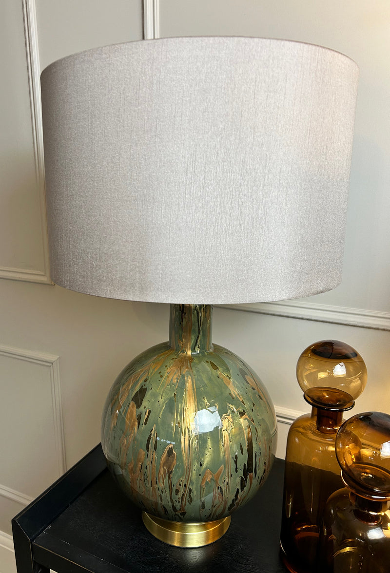 Green and Gold Abstract Glass Lamp with Taupe Faux Silk Shade