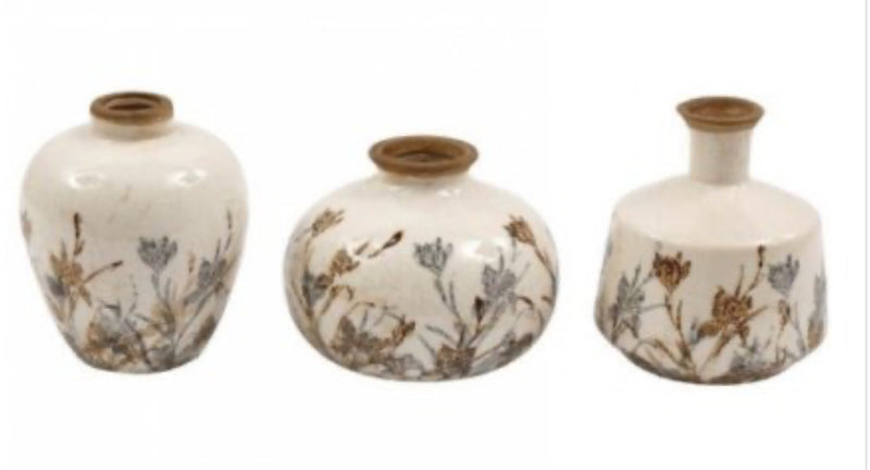 Set of 3 floral rustic bud crackle glaze vases