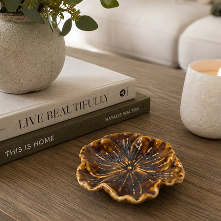 Reactive glaze floral dish hellebore flower
