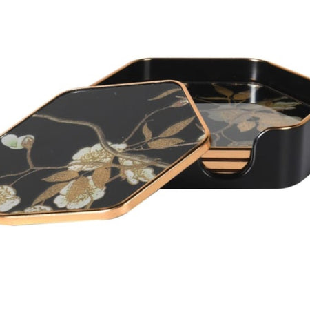 Set of 4 floral hexagonal coasters in holder