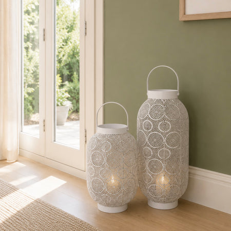 Metal tall textured white gold hammered candle holder lantern 3 sizes