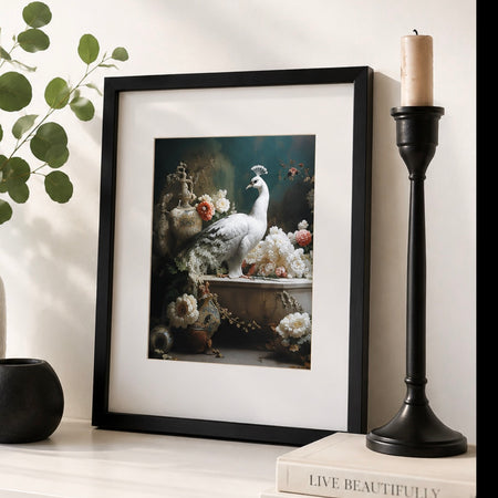 Bathroom joy peacock framed print 30x34cm
