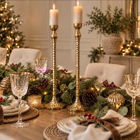 Set of 2 tall hammered gold textured candle sticks holders 60cm tall
