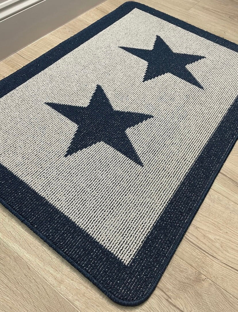 Navy Blue Star Door washable rug Runner 67cm by 150cm and 67cm by 200cm