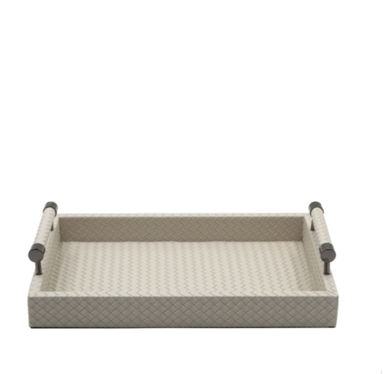 Cream leather look woven tray with gunmetal handles