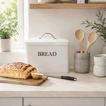 Chalk off white clay metal bread bin