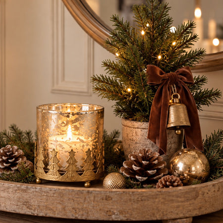 Gold tree metal and glass candle holder