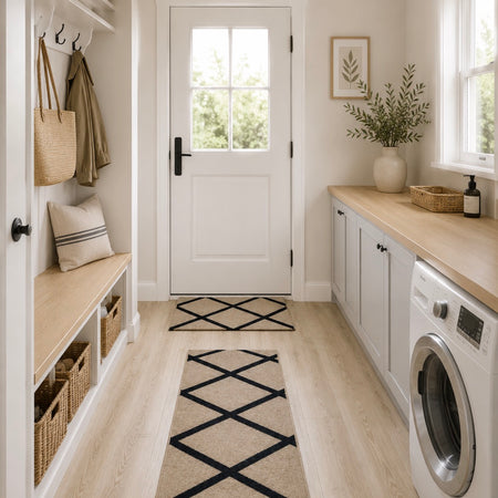 Abstract Natural Black Geometric Washable Door Mat & Runner rug