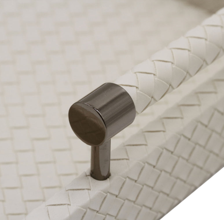 Cream leather look woven tray with gunmetal handles