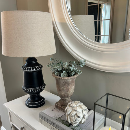Antique black chunky lamp with linen shade