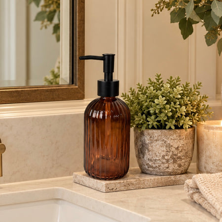 Amber Ribbed Glass Soap Dispenser