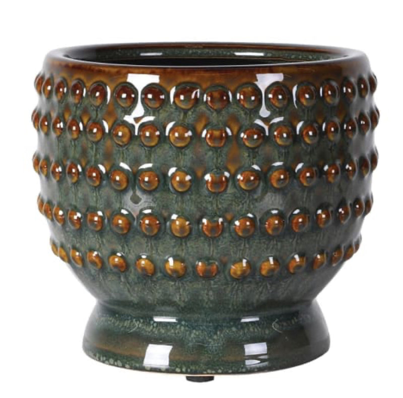Reactive glaze ochre green and brown bobble plant pot planter