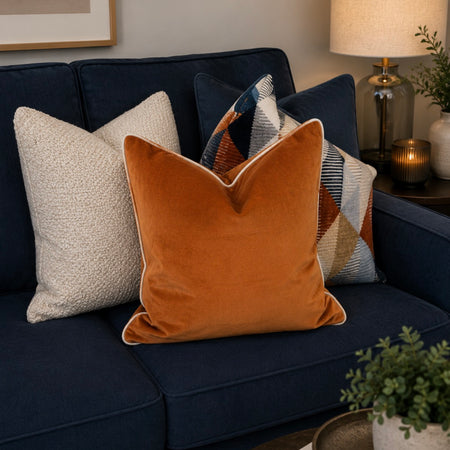 Burnt rust ginger Orange luxe cushion cream trim 45cm