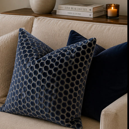 Navy Blue Jorvik Hexagon Velvet luxury Cushion Two Sizes