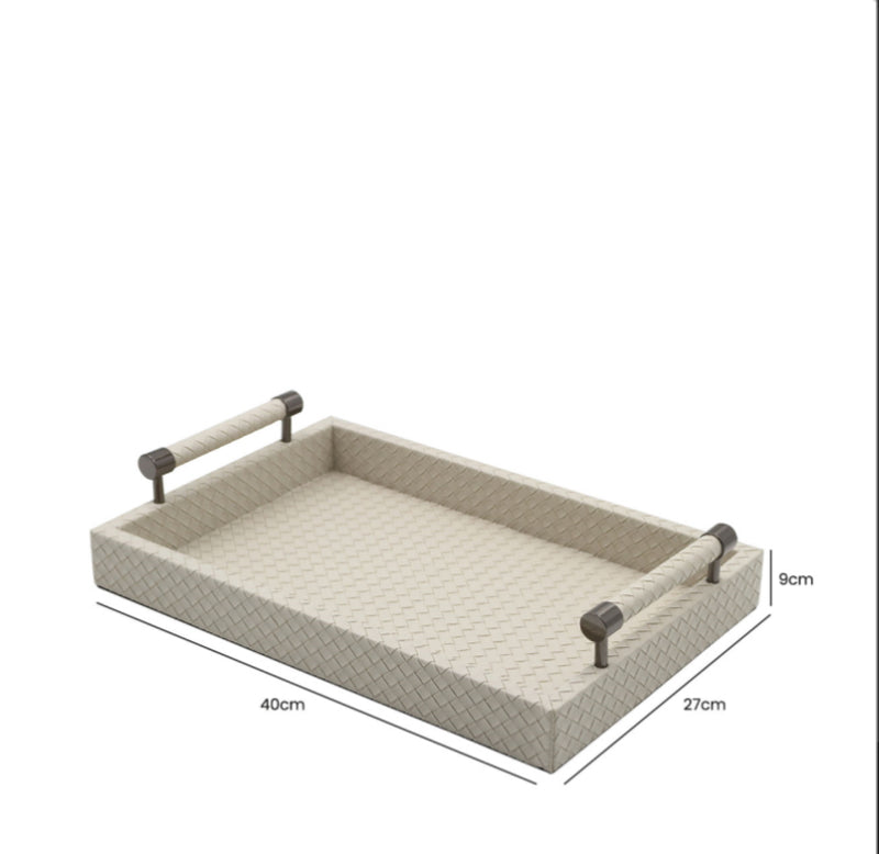 Cream leather look woven tray with gunmetal handles
