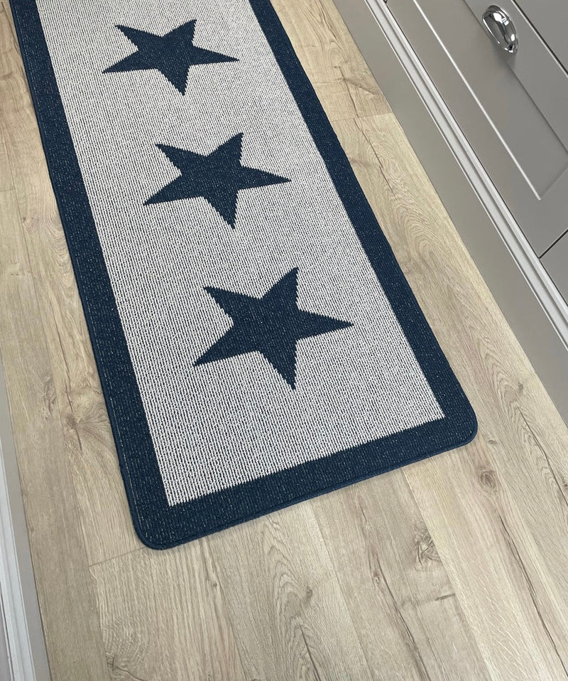 Navy Blue Star Door washable rug Runner 67cm by 150cm and 67cm by 200cm