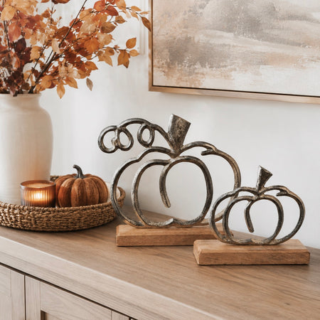 Aluminium Pumpkin Outline on wooden plinth 2 sizes autumn