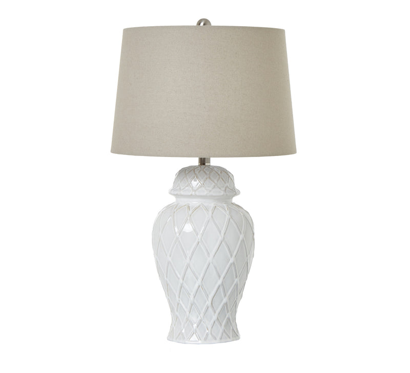 Ceramic base lattice grid lamp with linen shade