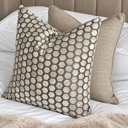 Cream and grey Jorvik hexagon cut velvet luxury cushion two sizes