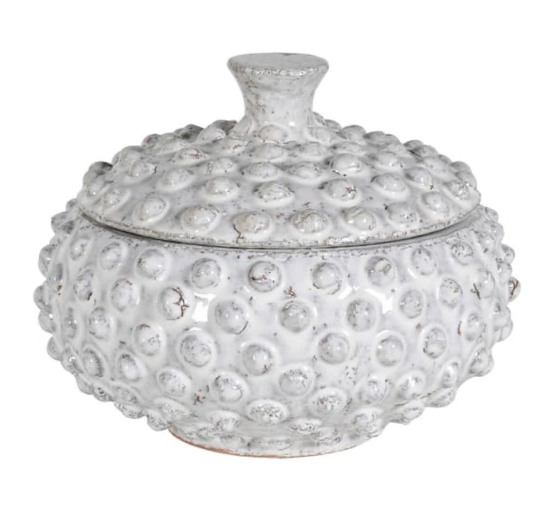 Bobble lidded rustic ceramic jar off white